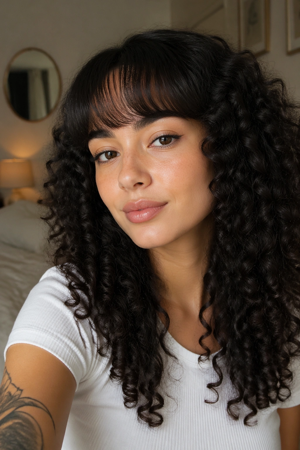Close-up of a real woman with a heat-styled bang and natural hair texture