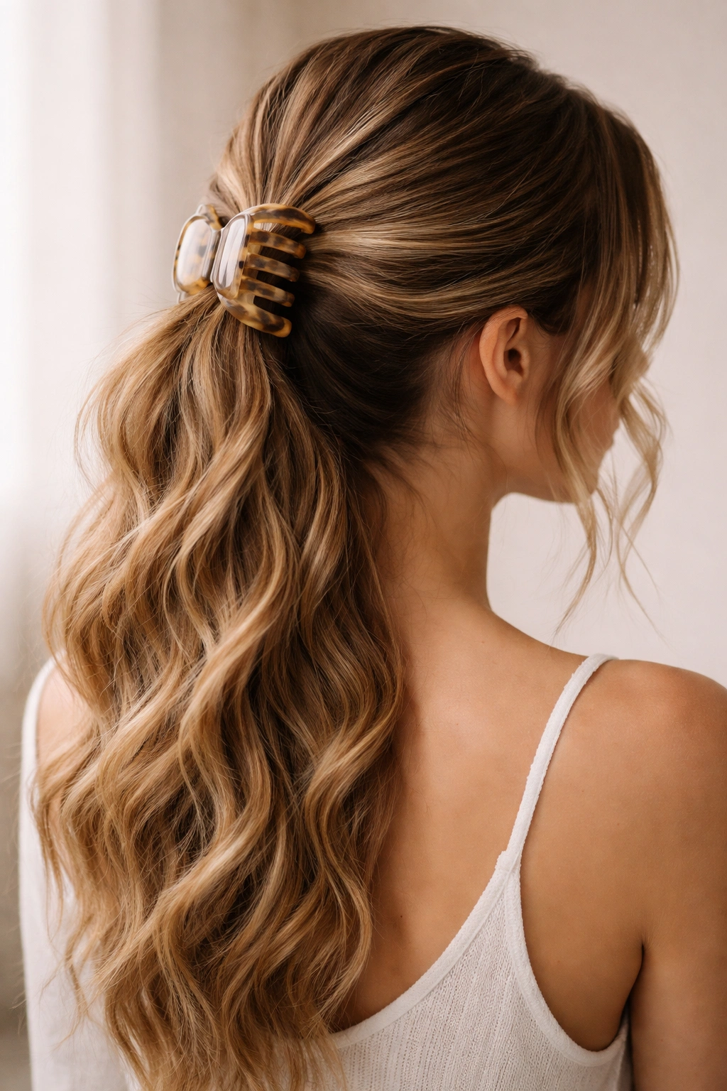 Long hair with memory-wave ponytail secured by a claw clip
