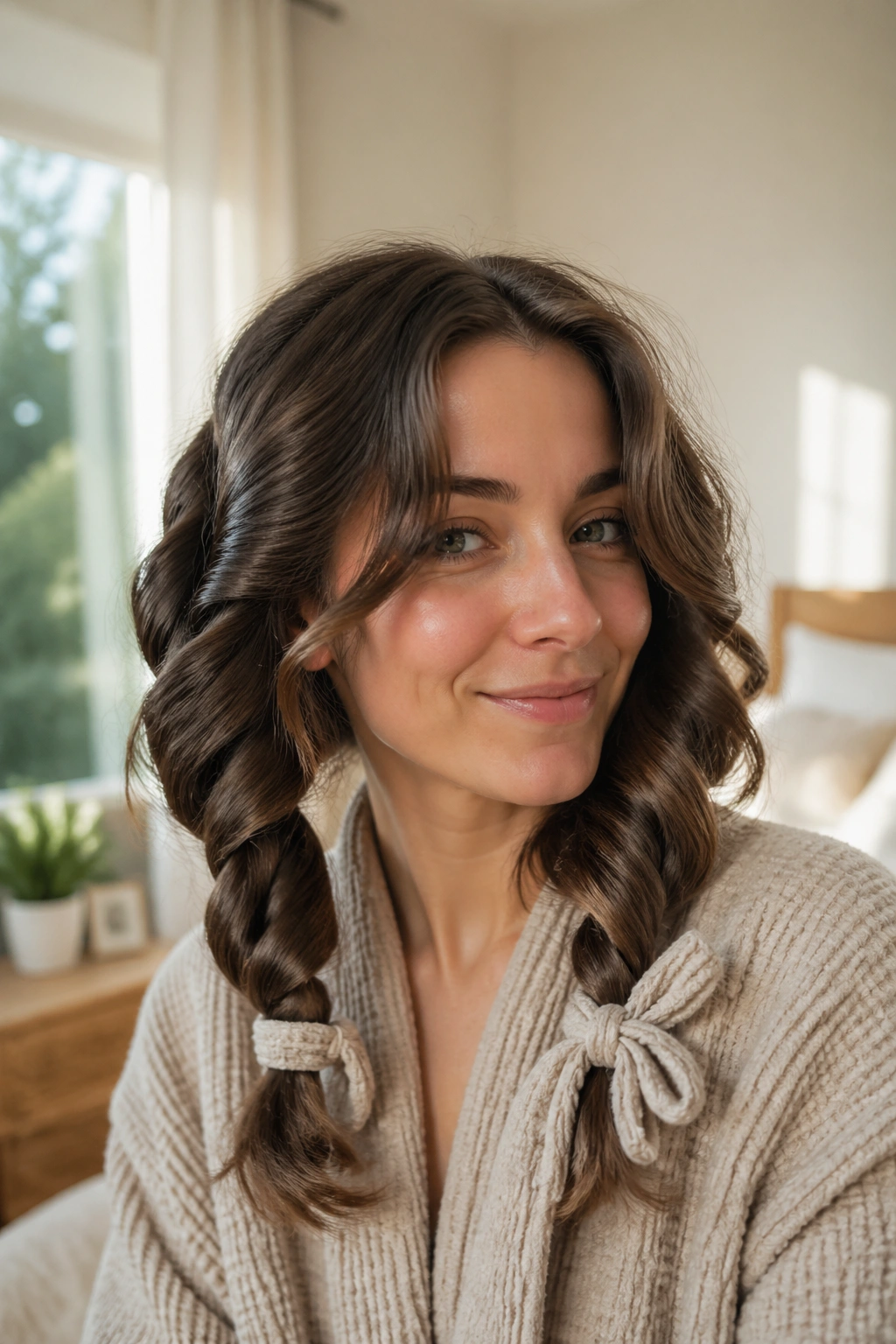 Close-up of a real woman with robe-curl waves in a cozy bedroom