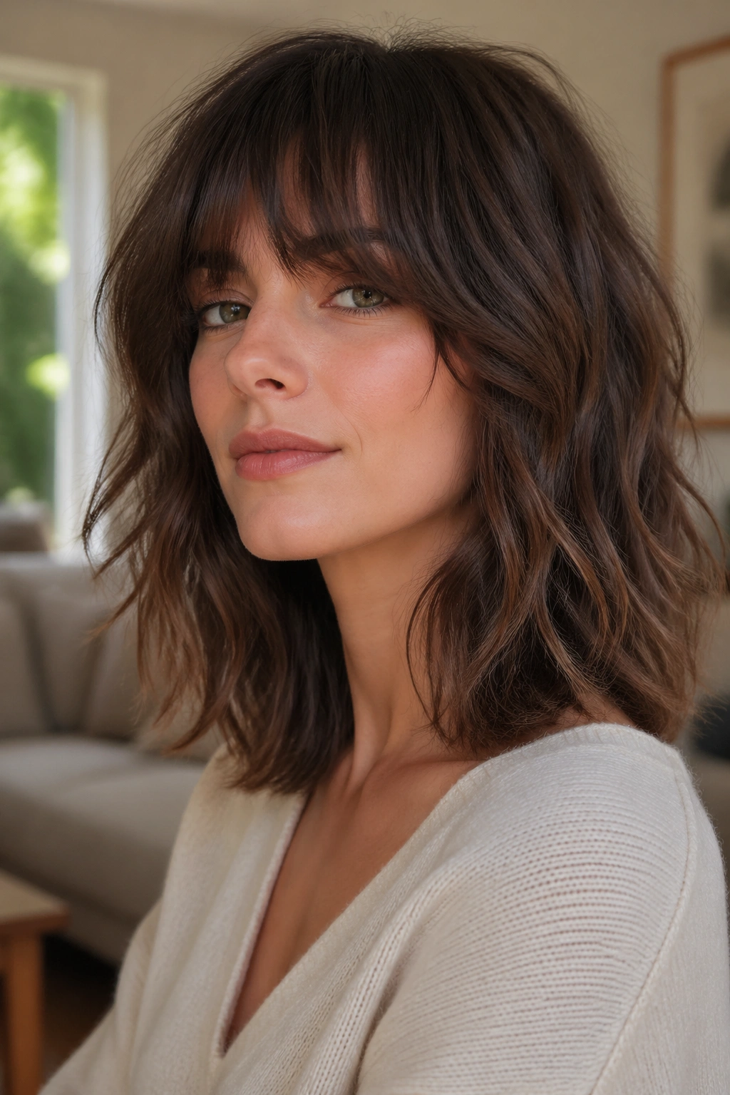 Close-up of a real woman with heavy fringe shag, thick bangs and shoulder-length waves.