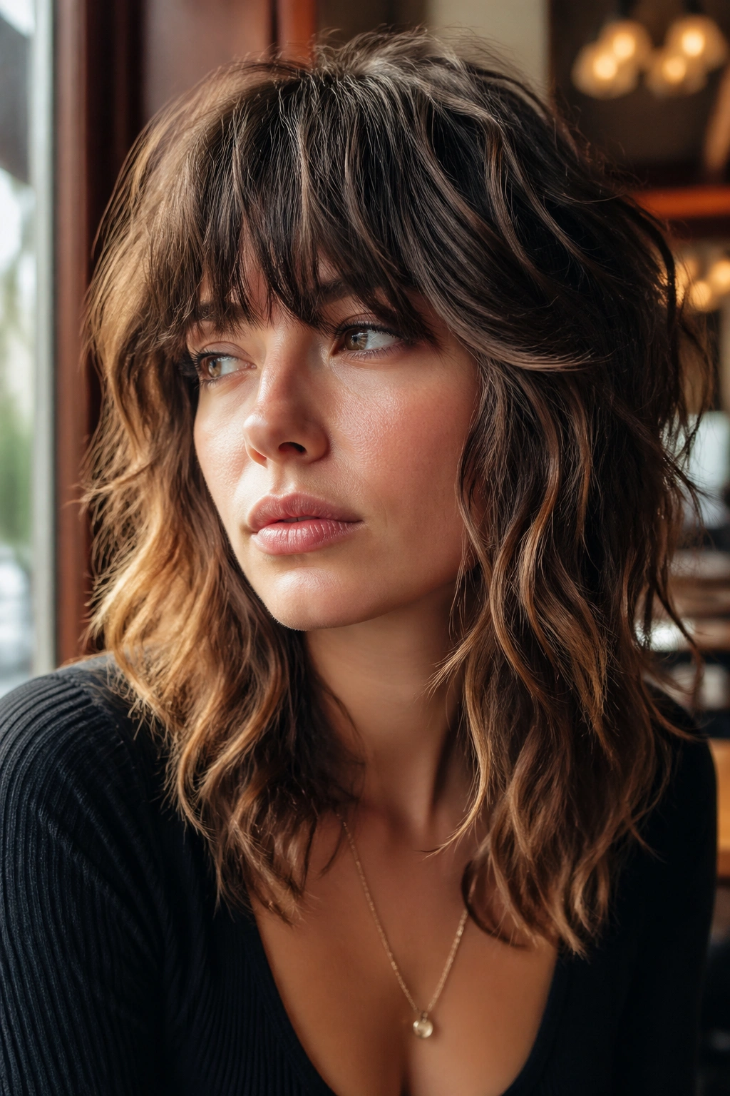 Close-up of a real woman with a heavy fringe wavy shag in a cafe window seat.