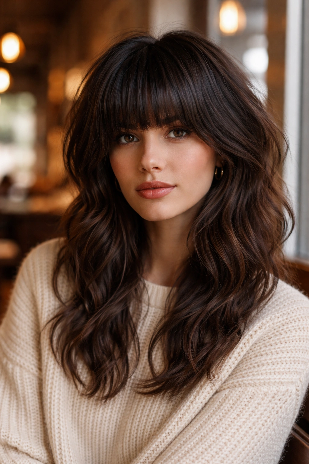 Close-up portrait of a real woman with dense fringe and wavy layers