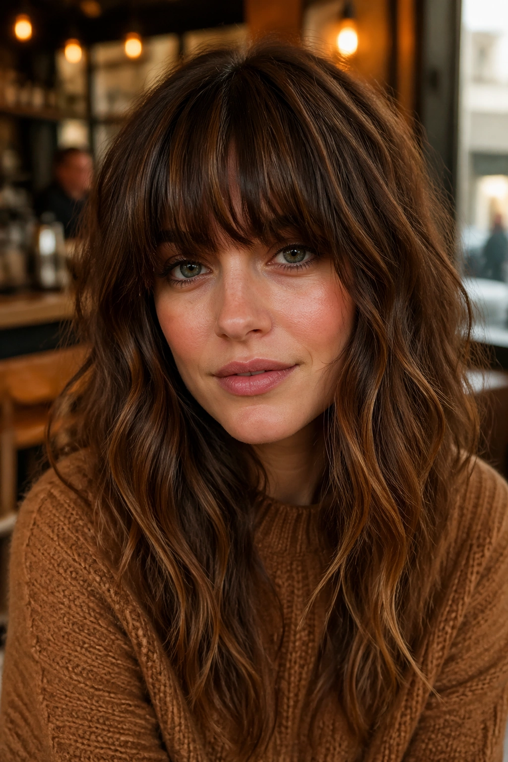 Close-up portrait of a real person with thick bangs textured for movement in warm cafe lighting