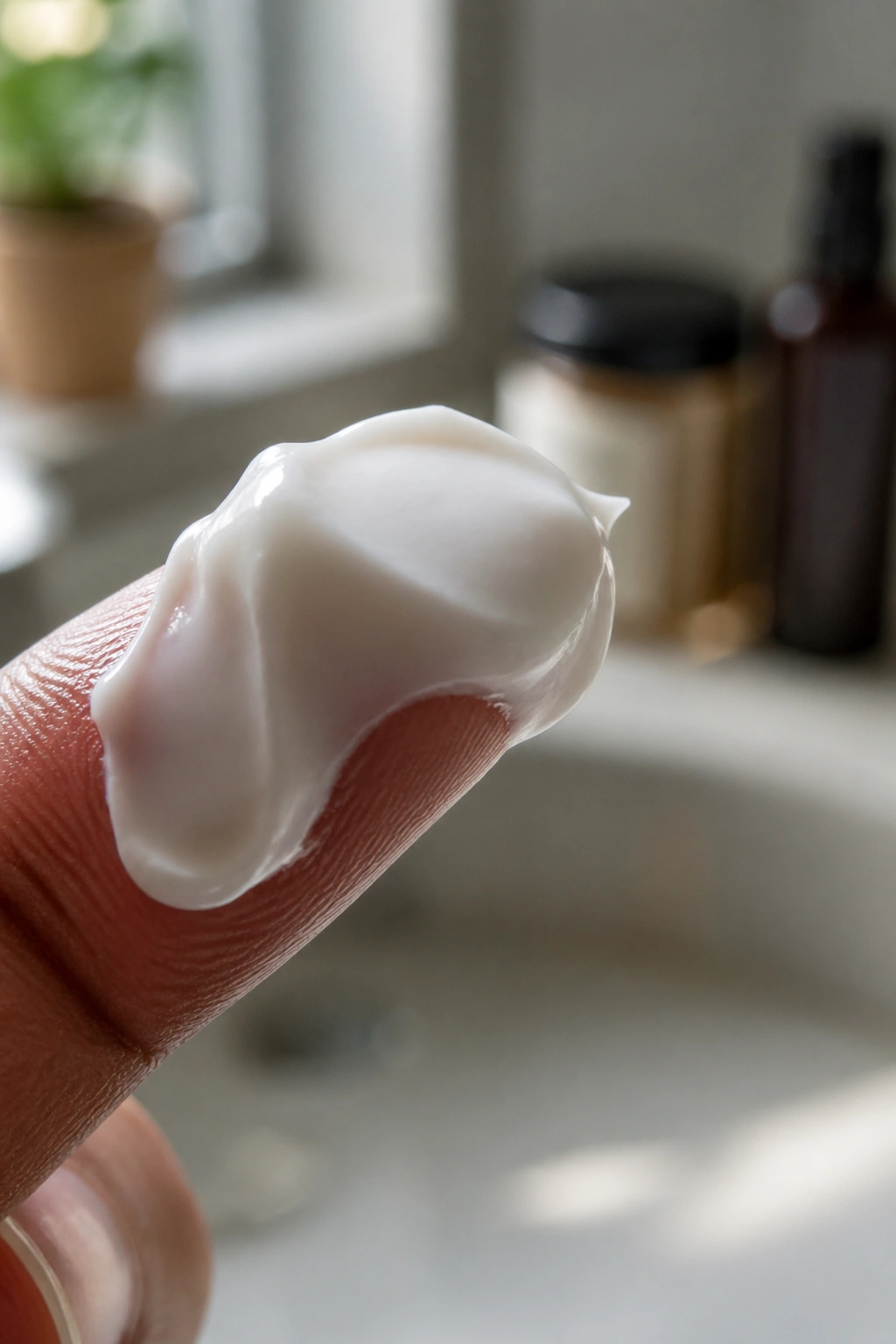 Macro shot of thick hair cream showing heavy texture on a finger.