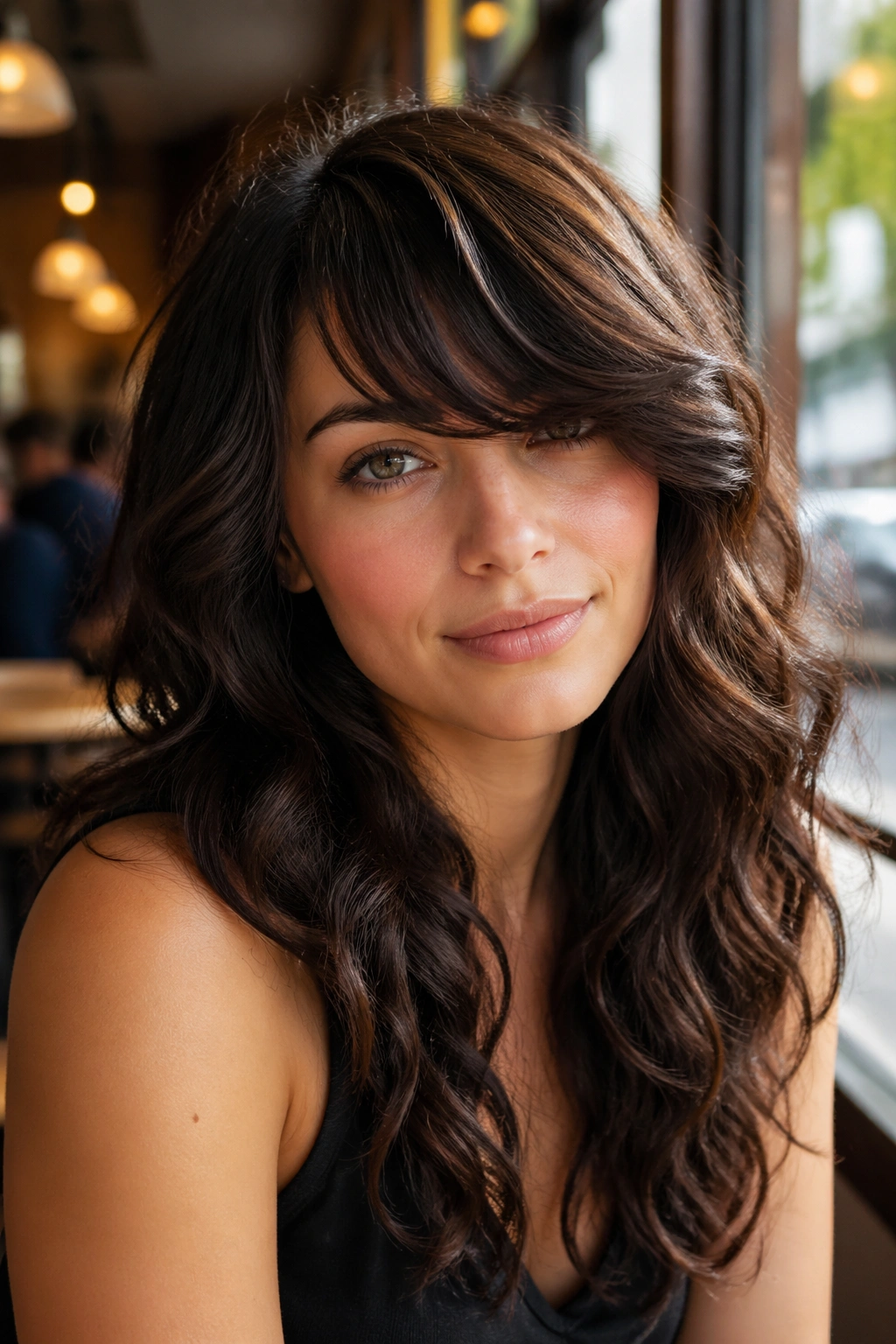 Close-up of a real woman with thick waves and a heavy side fringe in natural daylight
