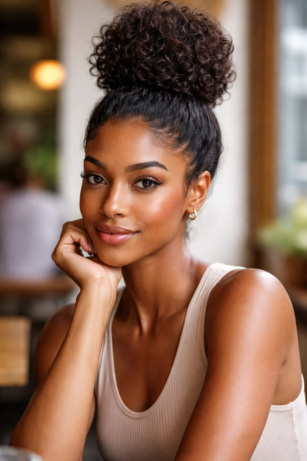 Portrait of a real woman with a crown-height bun showing elongation of the face
