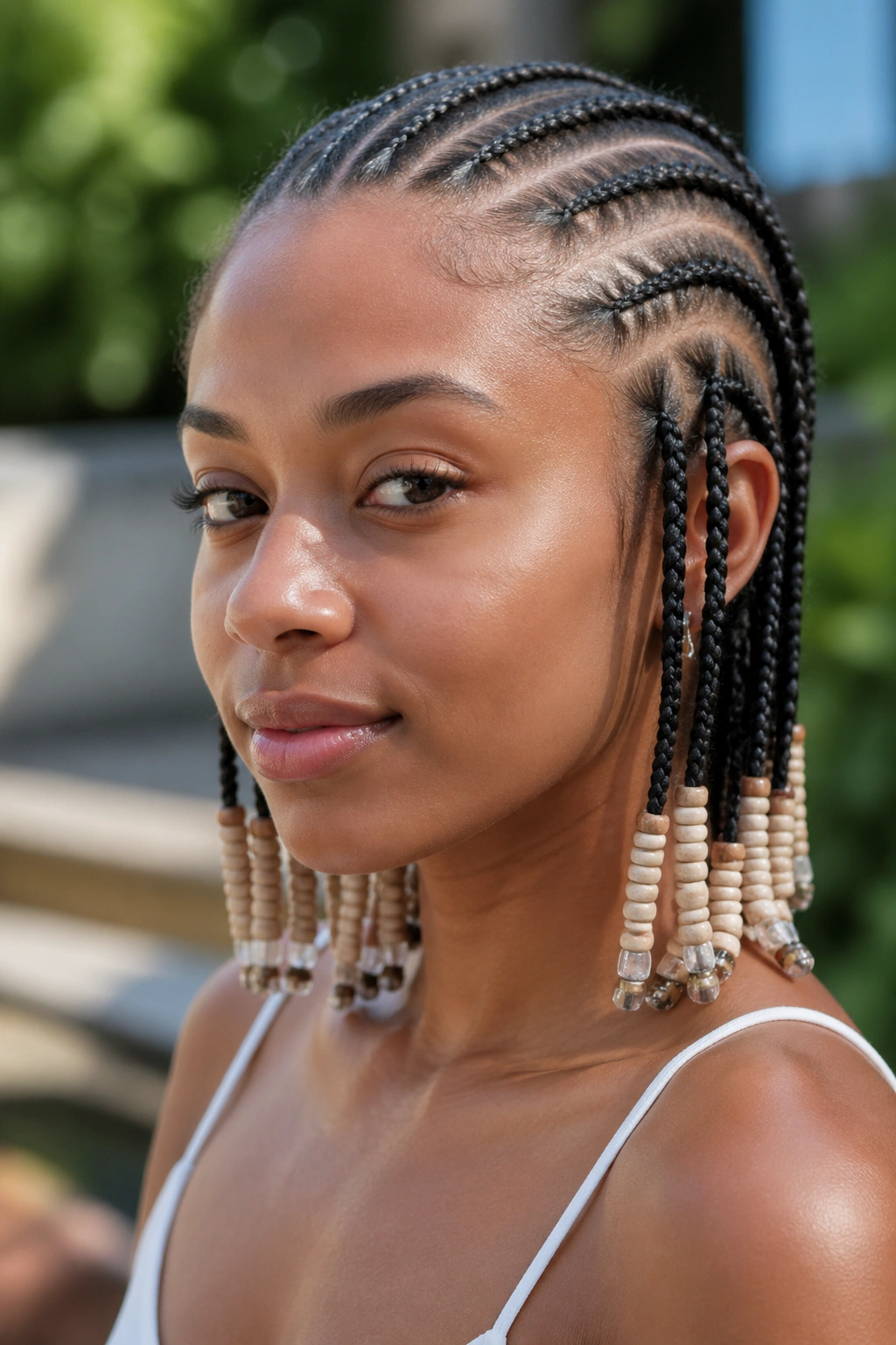Close-up of cornrows with heishi disc beads at ends on a real person