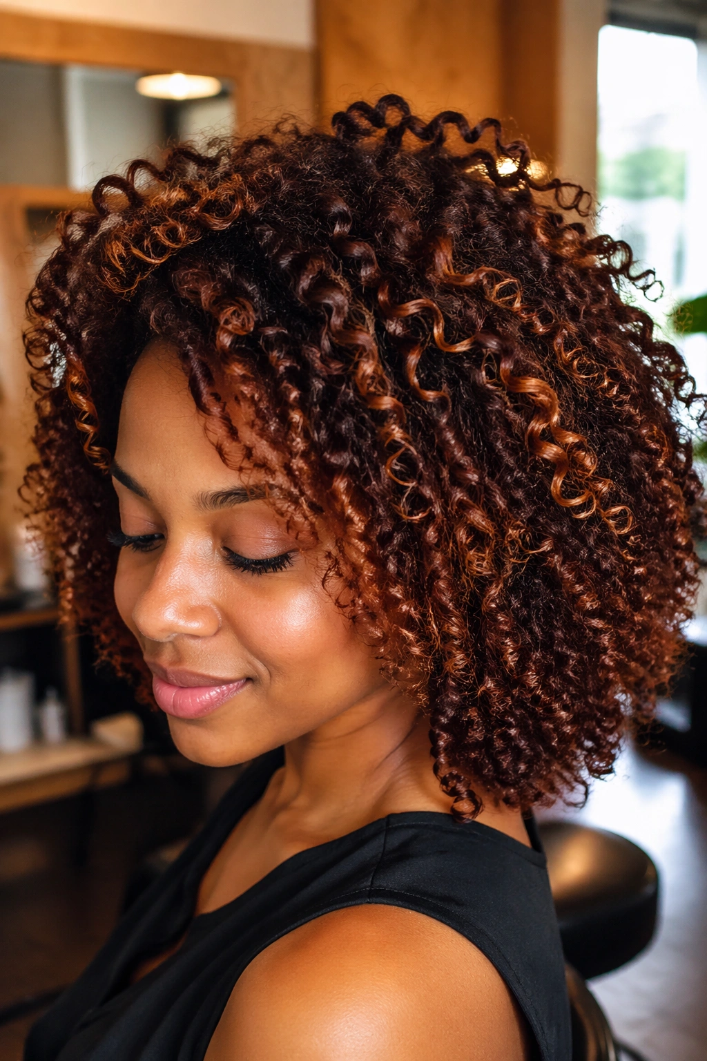 Close-up of real person with henna-treated natural hair and caramel highlights in warm salon light