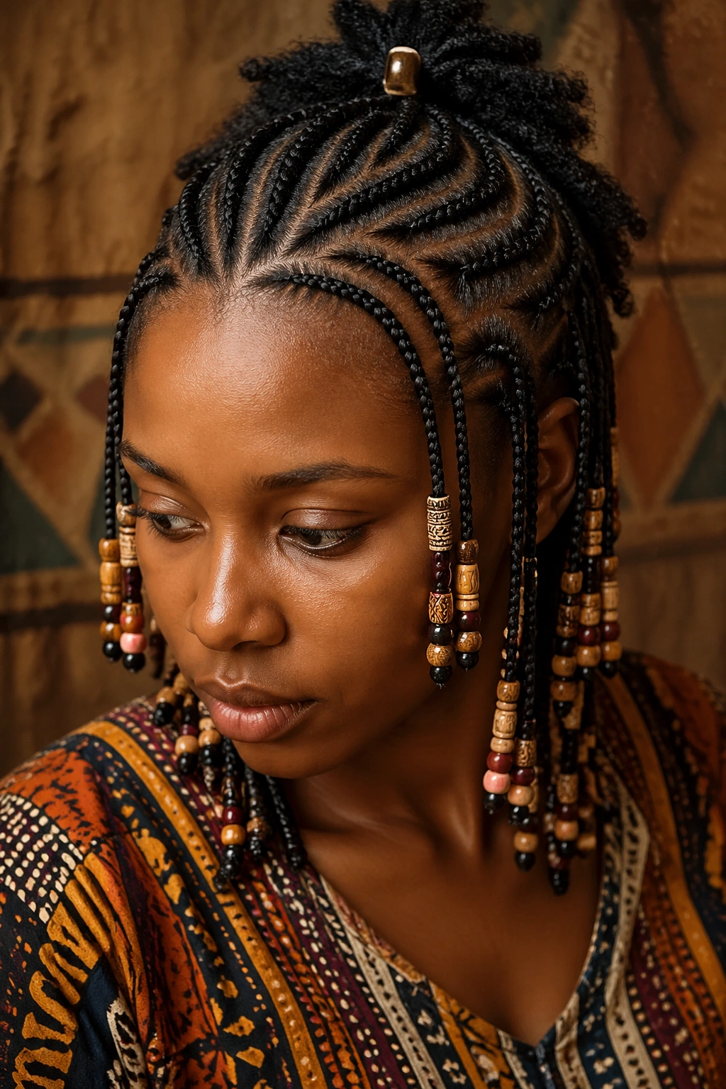 Portrait of person with beaded cornrows highlighting heritage