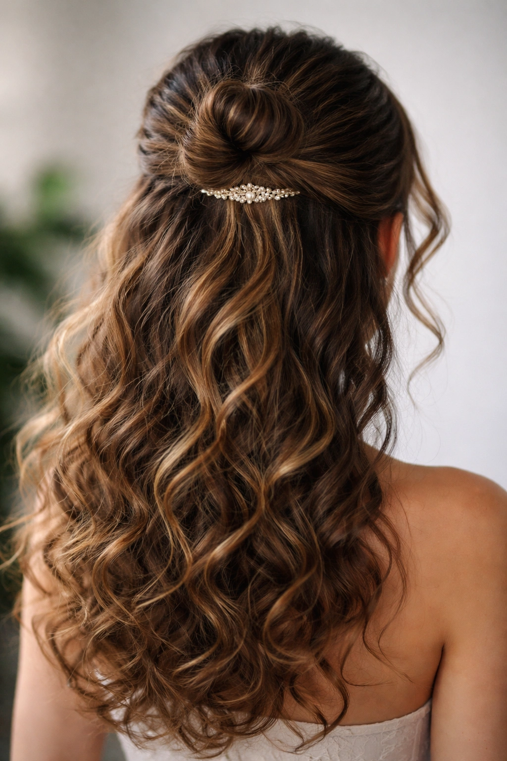 Half-up bun with hidden pearl clip at base of bun on curly hair