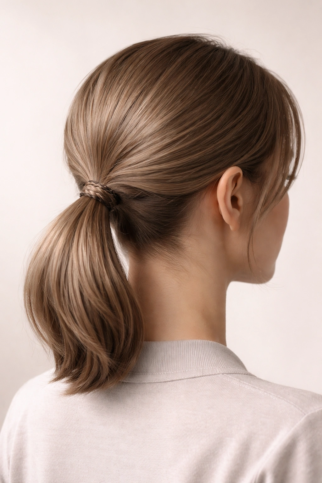 Low ponytail with hidden anchor braid at the nape