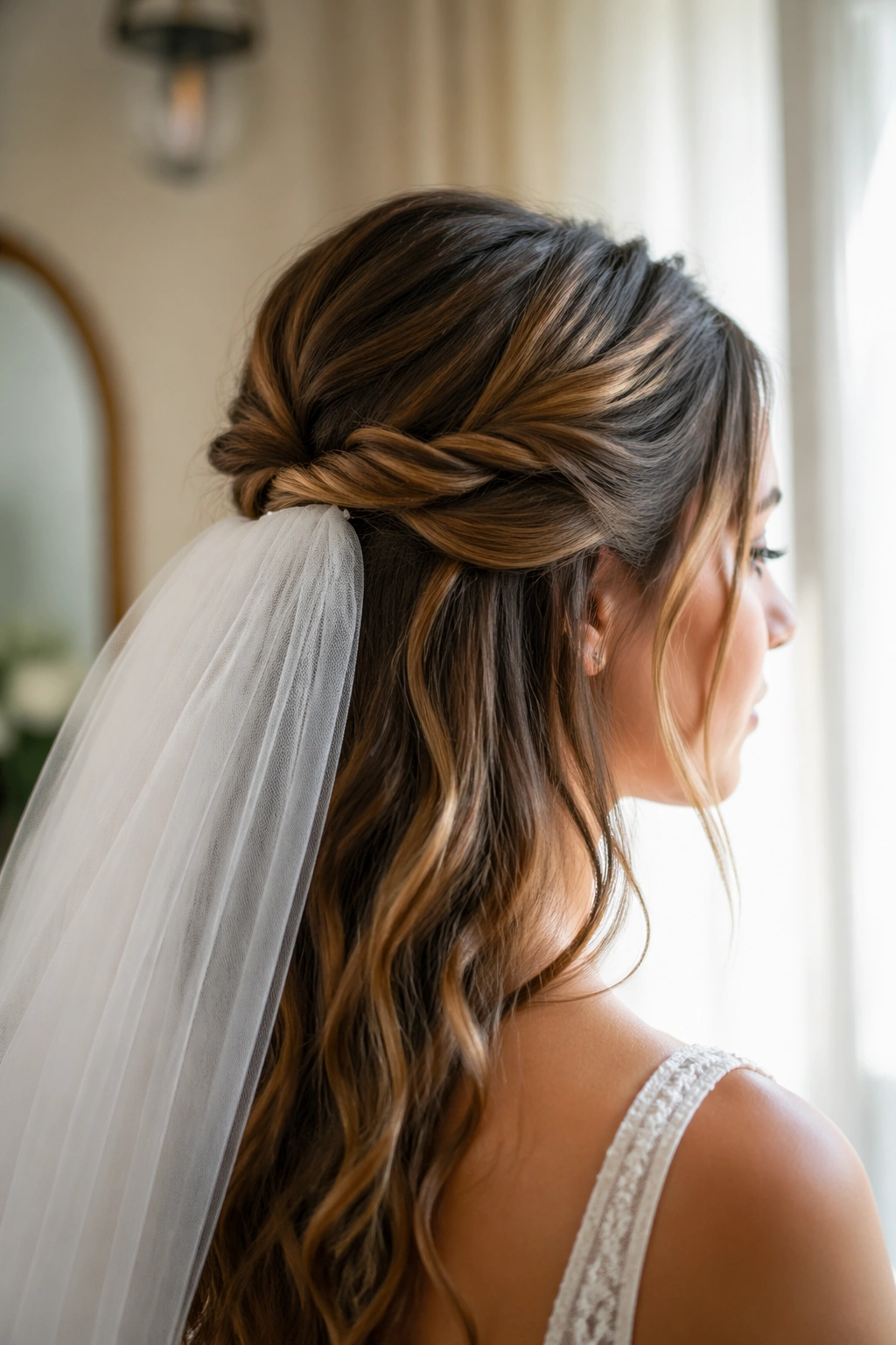 Close-up of a real bride showing a hidden anchor half-up for veil