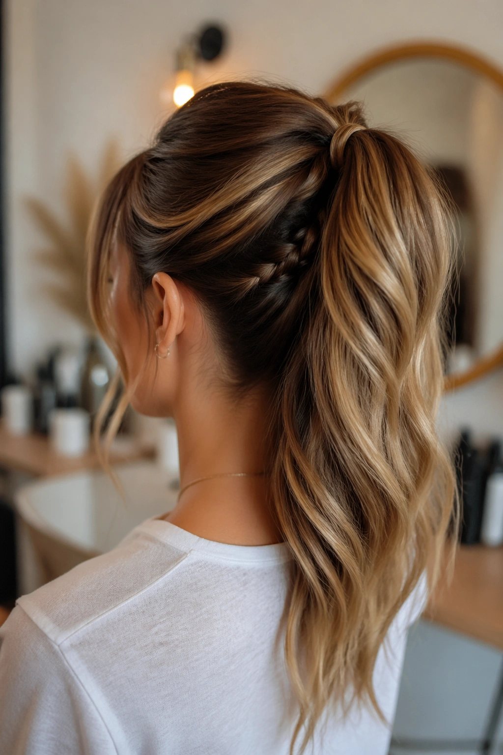 Rear three-quarter view of a woman with a half-up ponytail anchored by a hidden braid base.