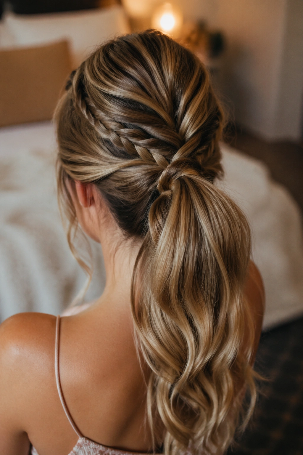 Hidden Braid Base With Soft Waves back view of a real woman with waves and hidden braid at ponytail base