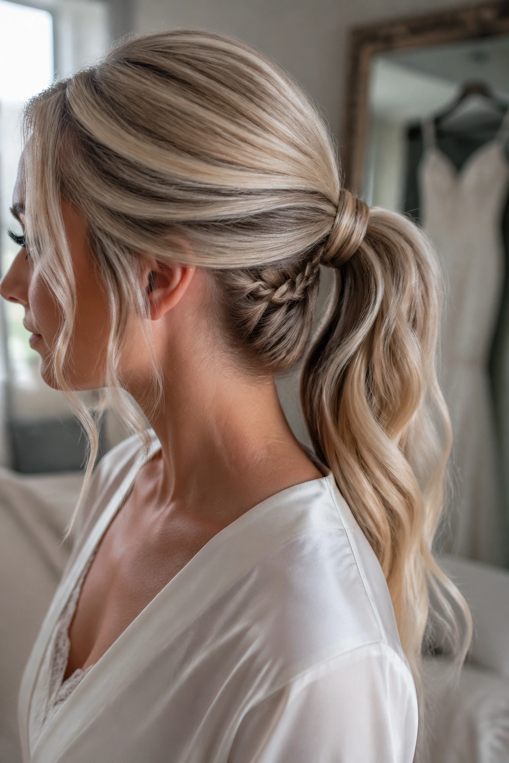 Side-profile of a bride with a hidden braid base under the ponytail.