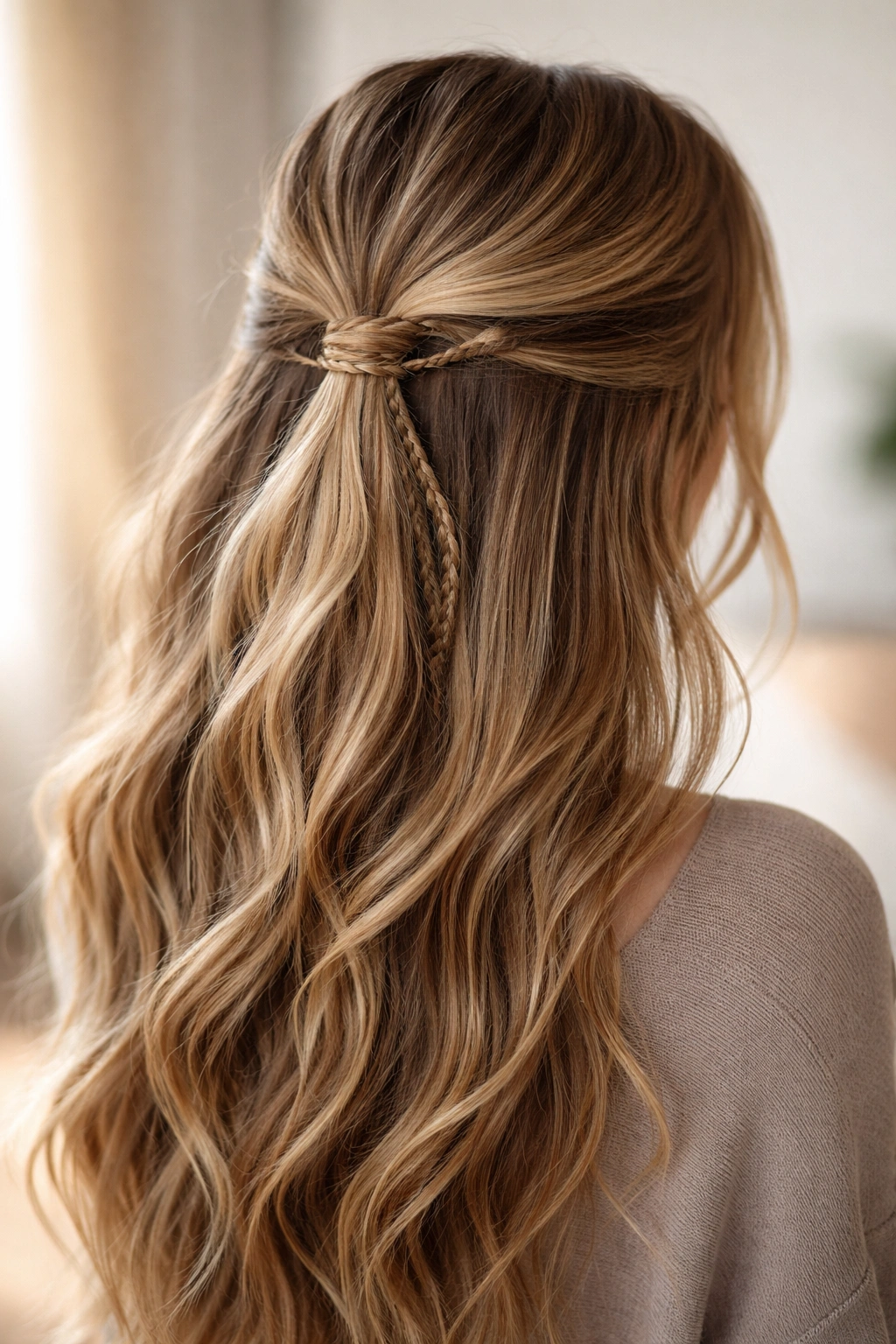 Small braid tucked underneath the top layer around the hair tie