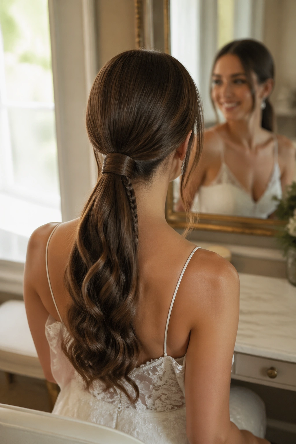 Over-the-shoulder view of wrapped low ponytail with hidden braid