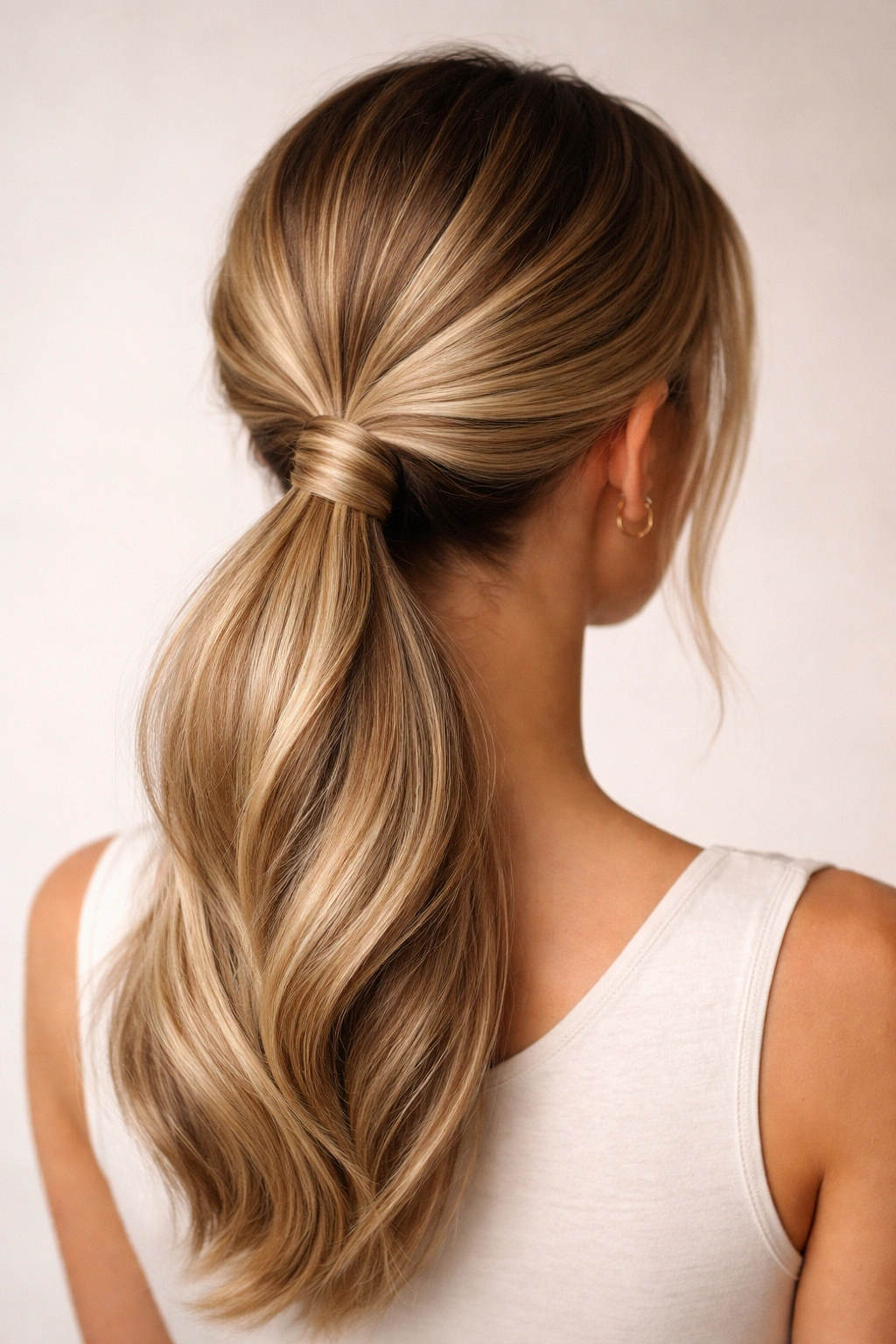 Back view of hidden crisscross low ponytail showing crisscross at the base