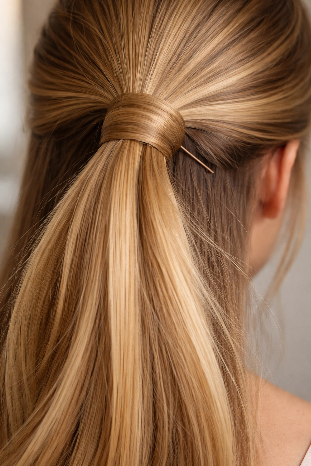 Close-up of ponytail with a hidden elastic wrap around the base