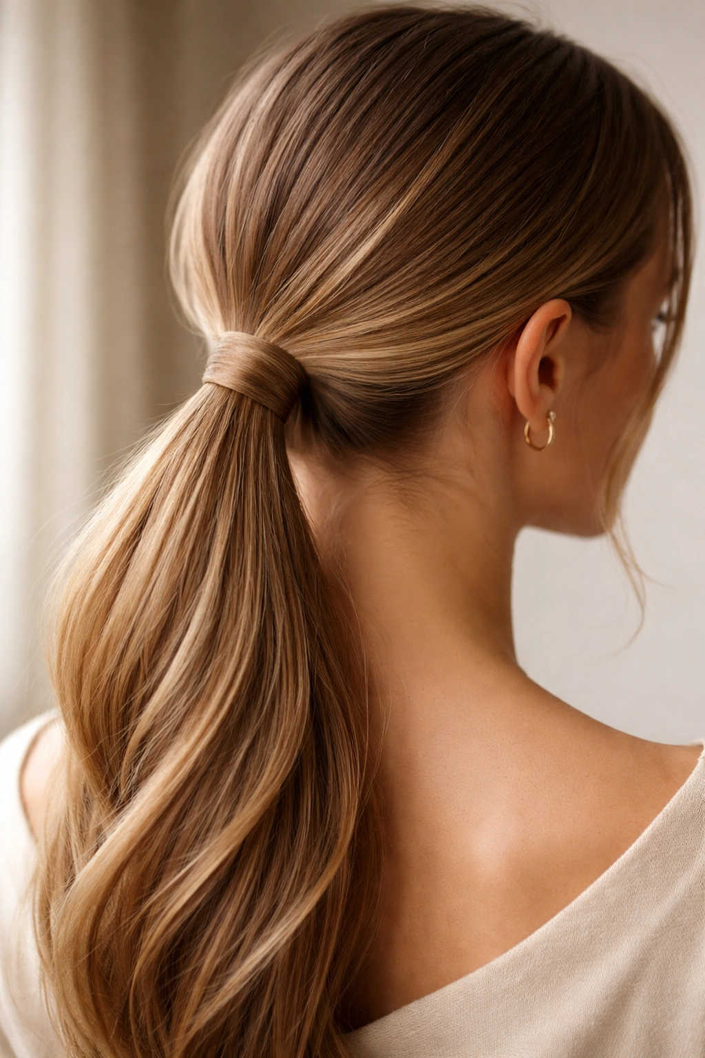 Low ponytail with hair wrapped around elastic to conceal the band.