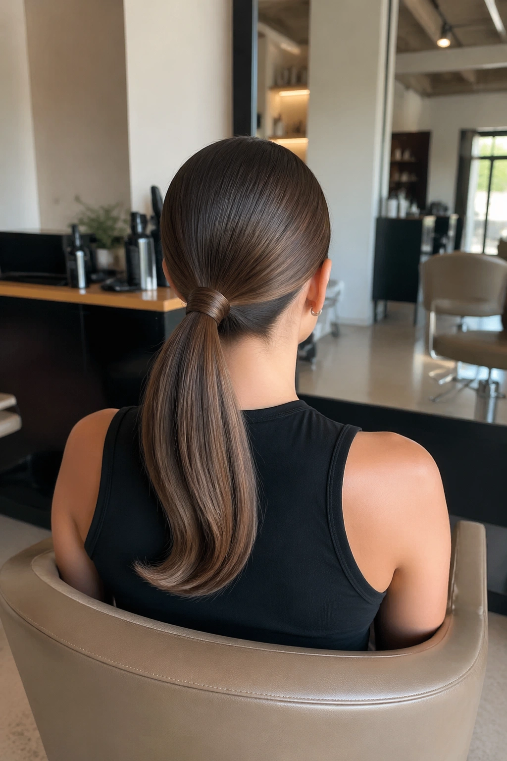 Hidden elastic mid ponytail with bend ends in salon