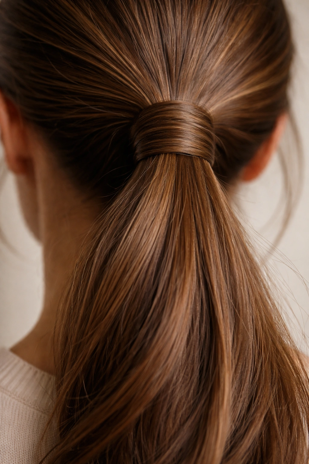 Ponytail showing wrapped hair around elastic to hide it