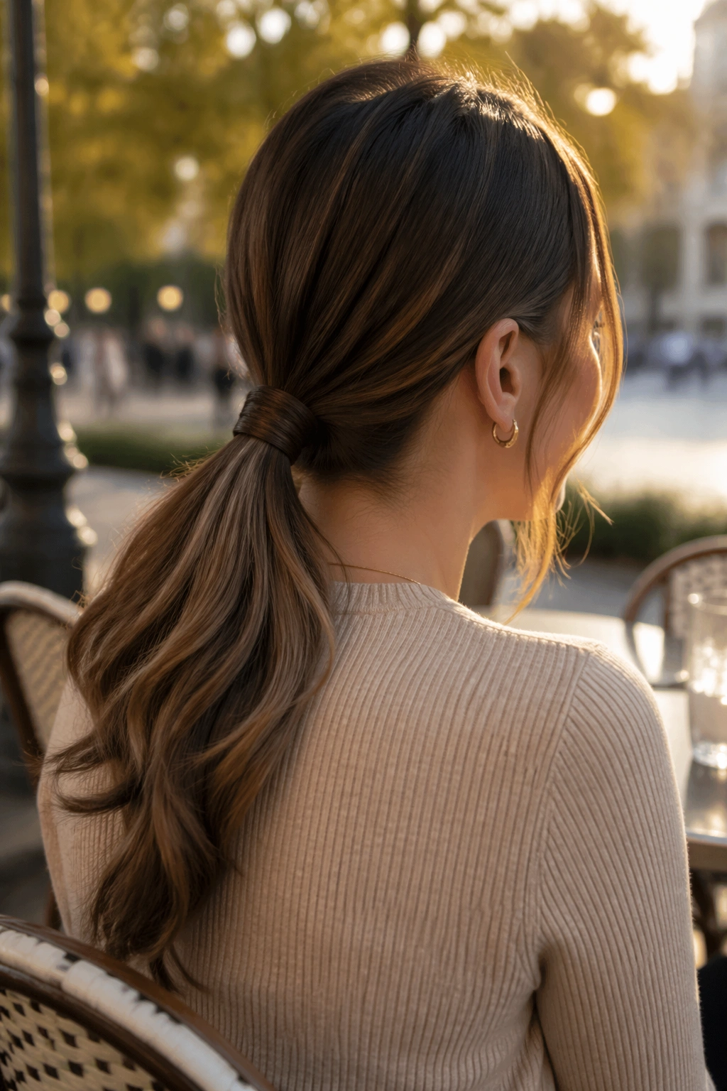 Hidden-elastic wrapped V-part ponytail outdoors