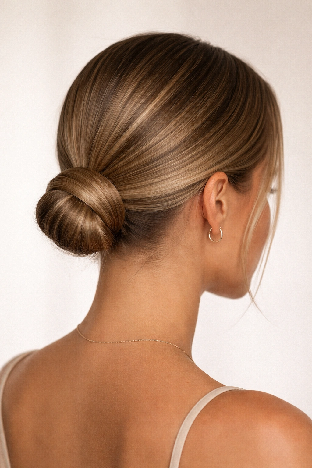 Low bun with a hidden hair-tie and seamless finish in studio