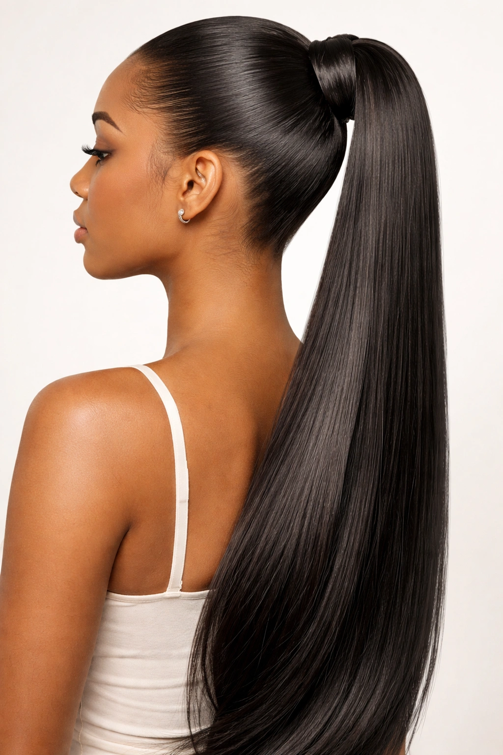 Sleek long ponytail with hidden track extensions at the base for added length