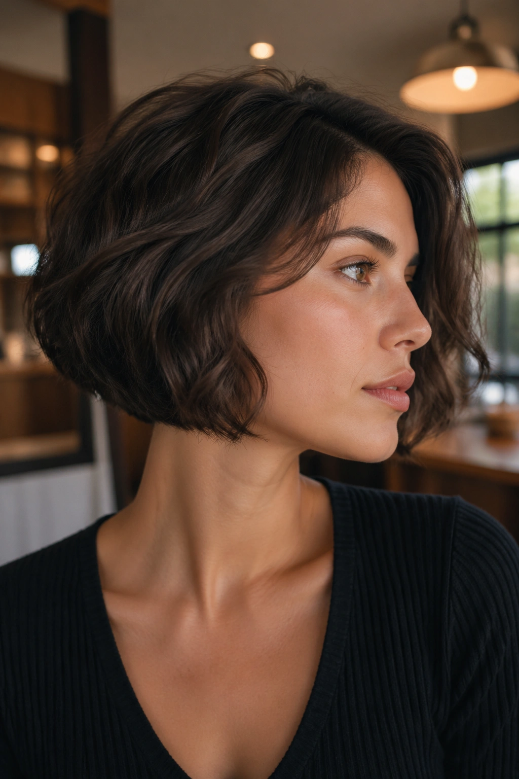 Close-up of a real woman with a bob and a subtle hidden undercut at the nape.