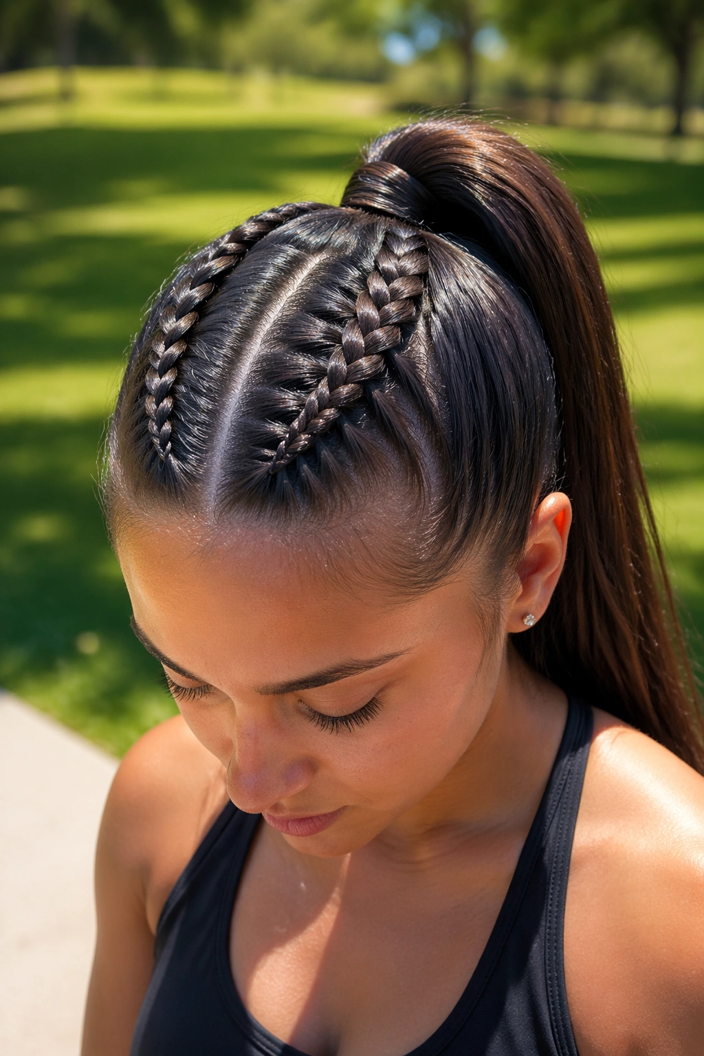 Two high boxer braids tied into a crown ponytail on a real person