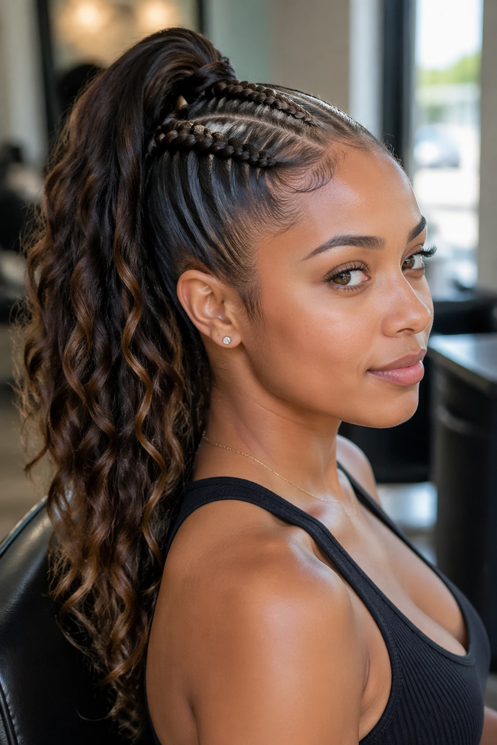 Profile portrait of a real woman with High Side Stitch Braid Ponytail, showing a high ponytail from a side braid.
