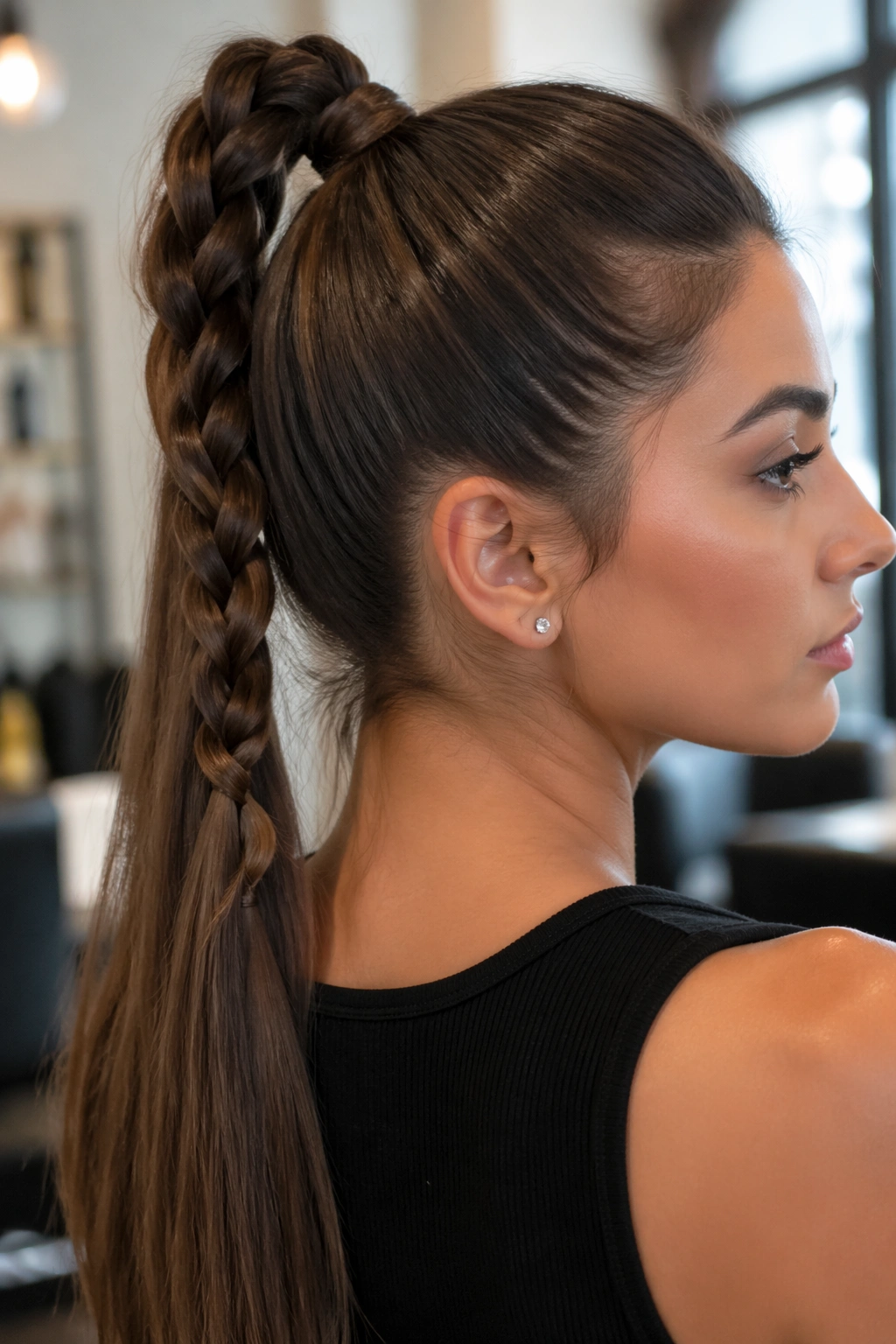Real woman with high crown braided ponytail