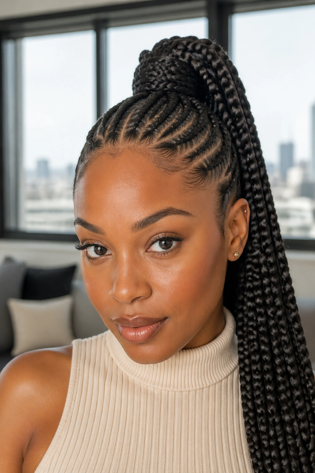 Close-up portrait of a real woman with a high braided ponytail and flat base at the crown