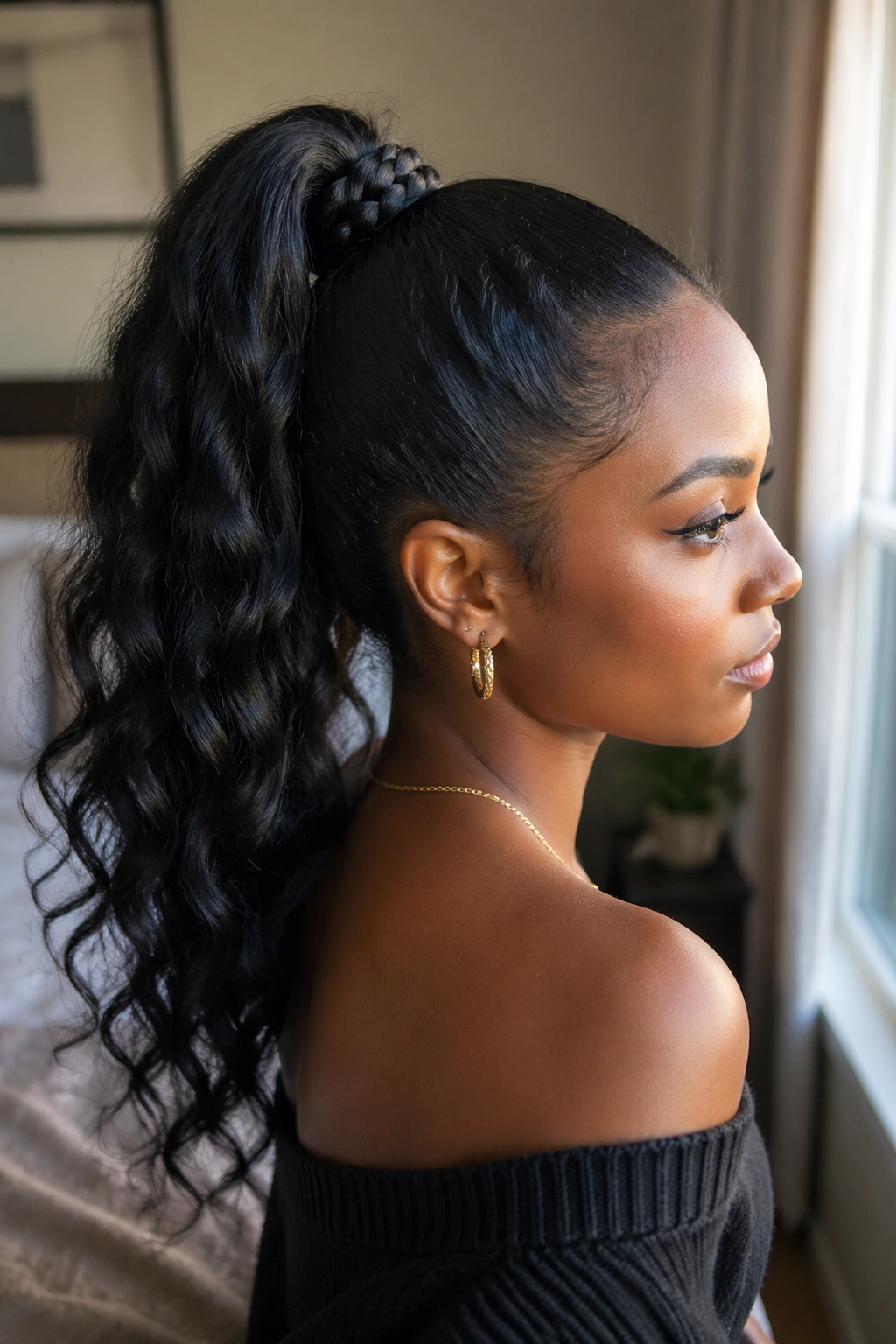 Close-up of a real woman with a high braided-wrap ponytail in natural window light