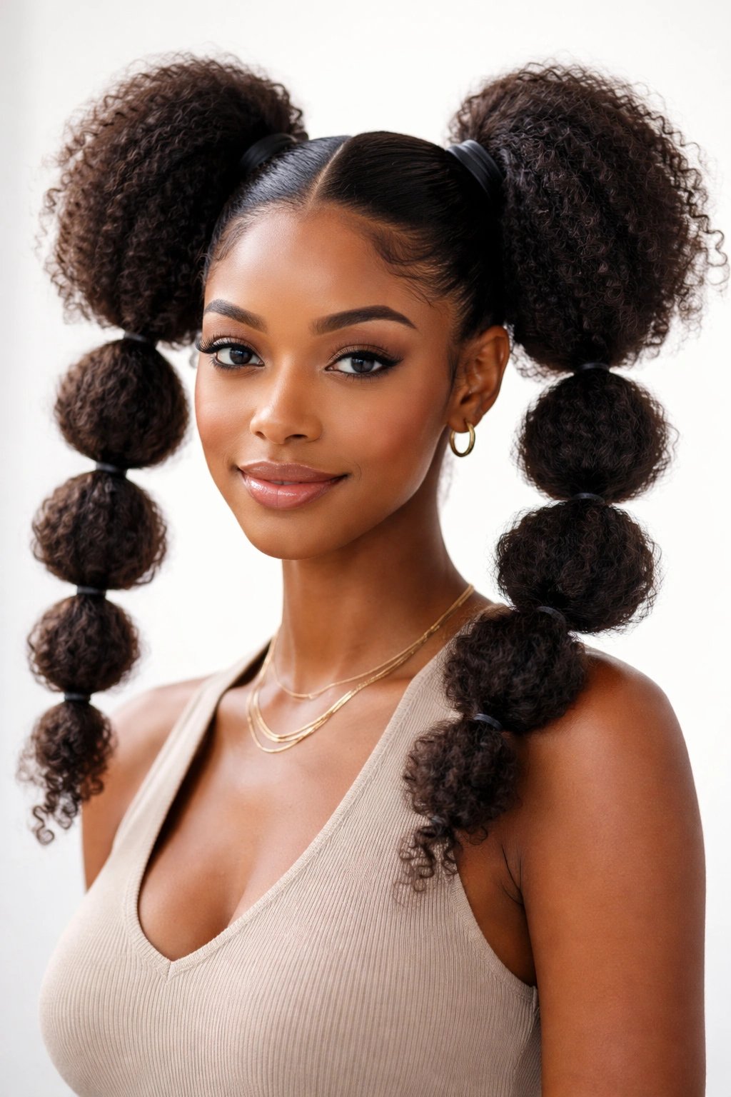 Two high bubble pigtails with rounded bubbles lifted at the crown.