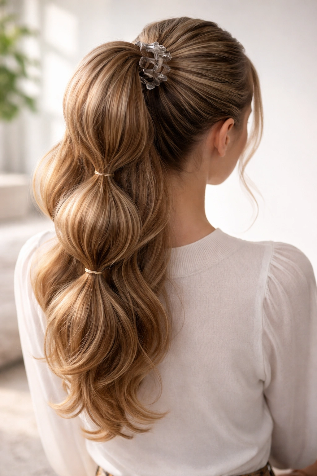 High bubble claw clip ponytail with lift and rounded bubble sections at crown