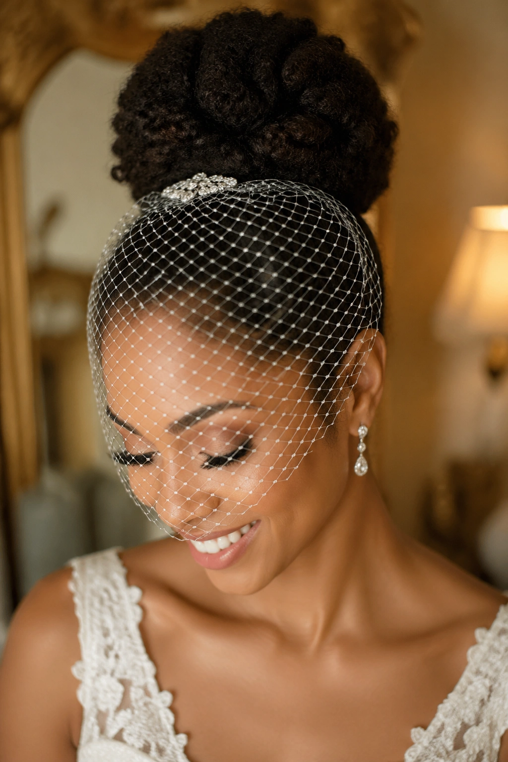 Bride with high bun and birdcage veil in vintage room