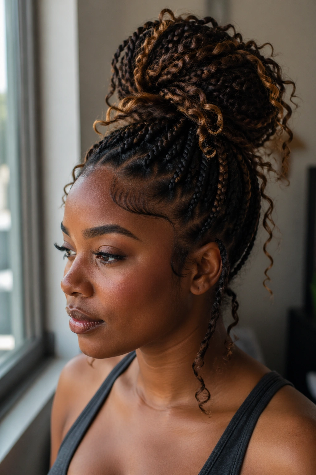 Real woman with high bun box braids and curly ends left out.