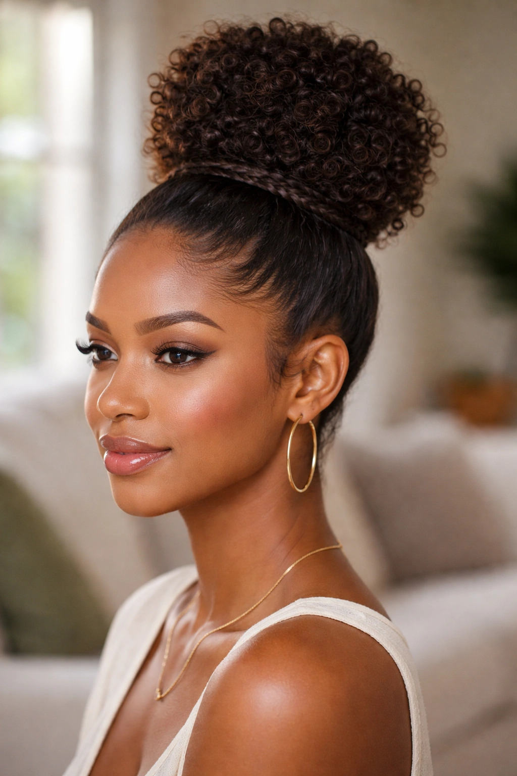 Close-up of a real woman with a high bun and braided wrap around the base
