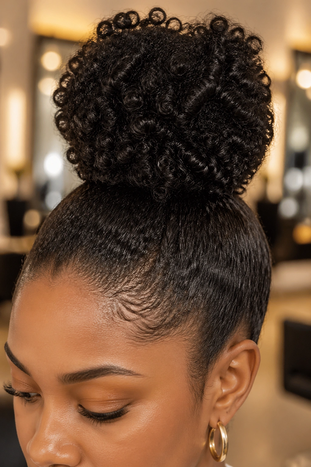 Close-up of high bun with visible coils on a real person