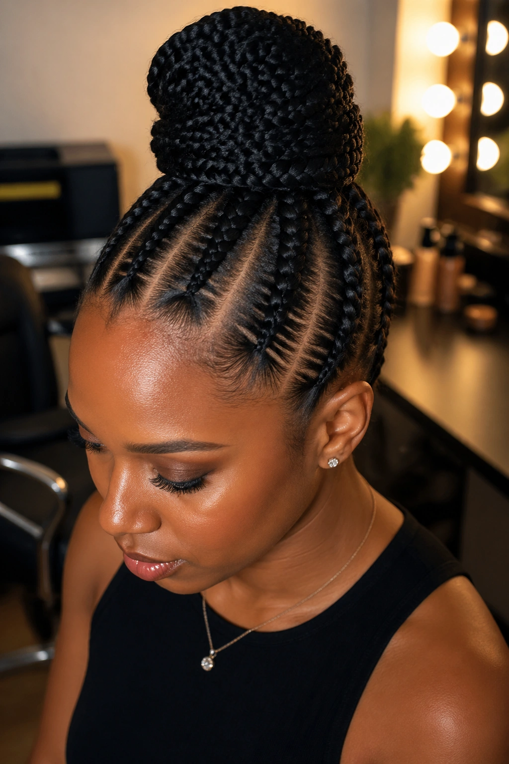 Close-up of a real woman with an eight-cornrow high bun