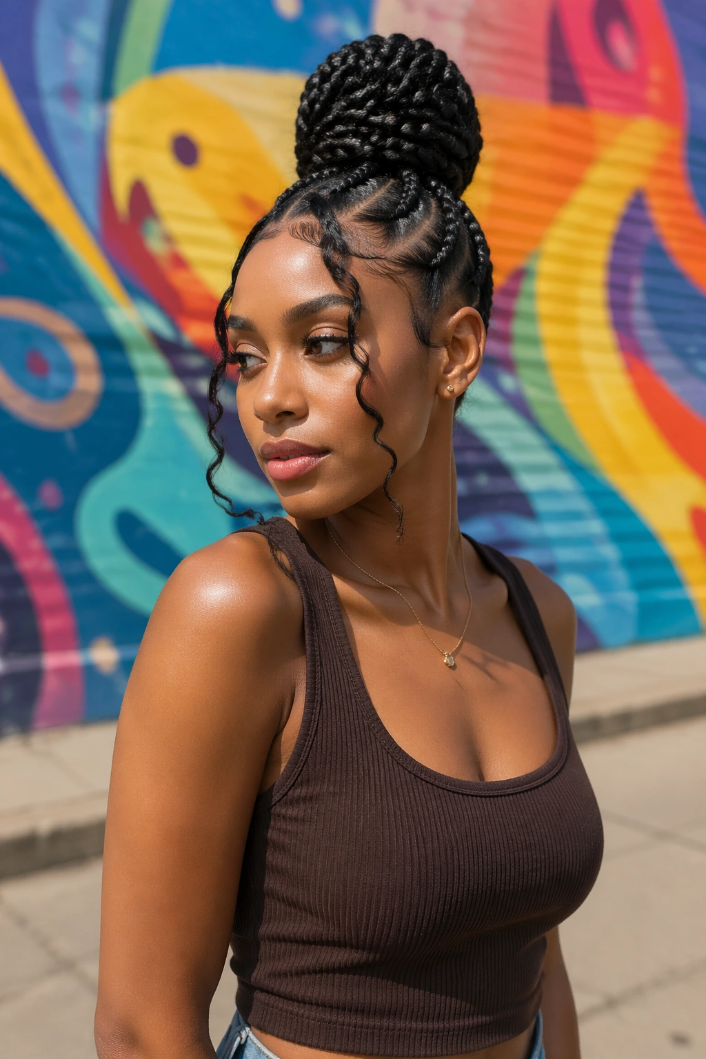 High bun cornrows with face-framing curls outdoors