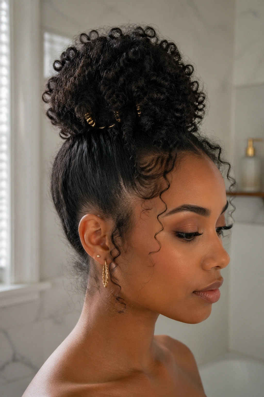 Real person with a high bun and curly crown hairstyle