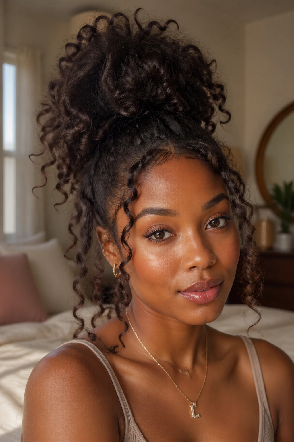 Close-up of a woman with a voluminous curly high bun at the crown.