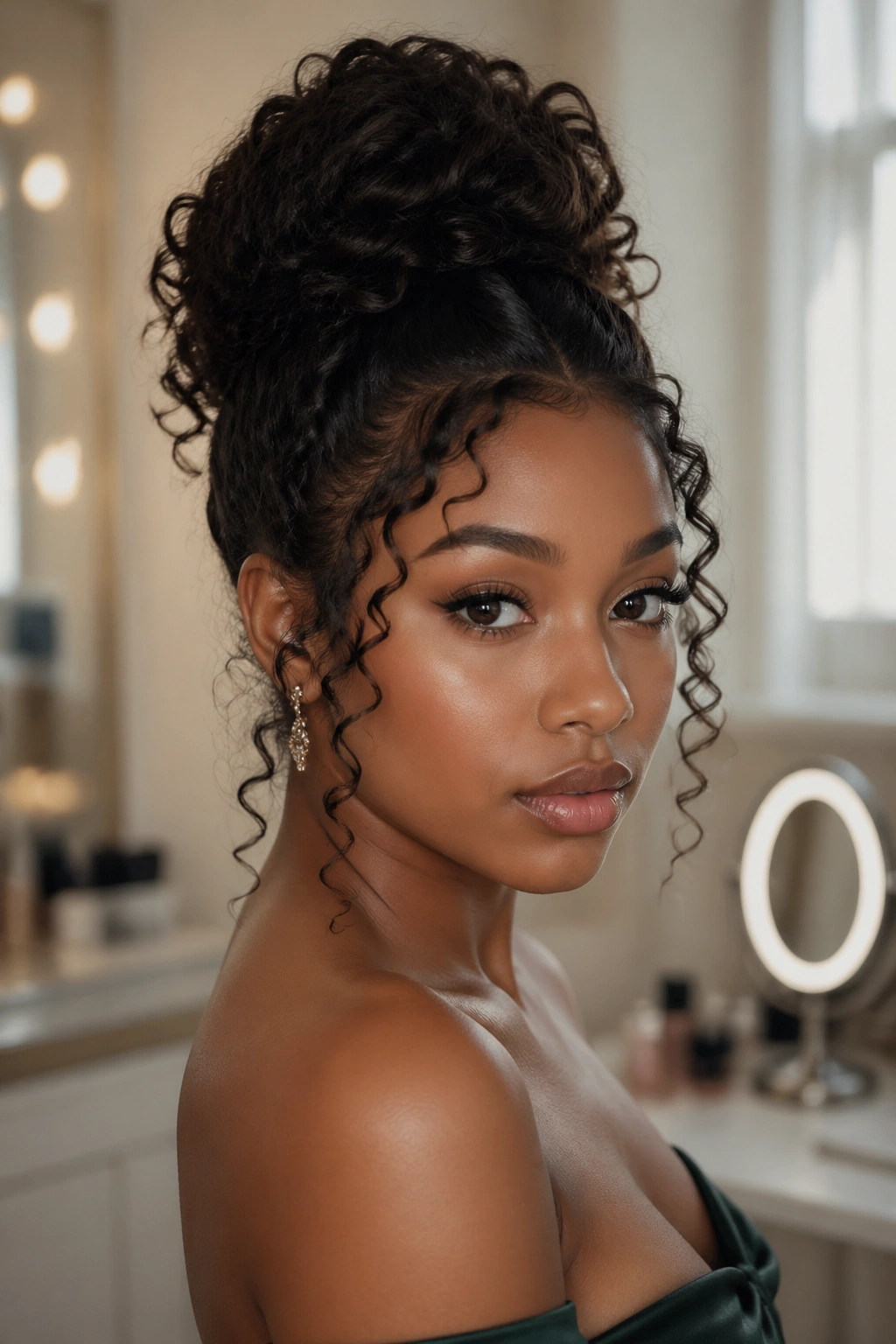 Real woman wearing a high bun with curly tendrils in soft light.