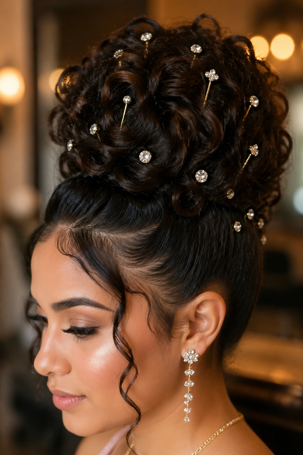 Portrait of a woman with a high textured bun and embellished pins