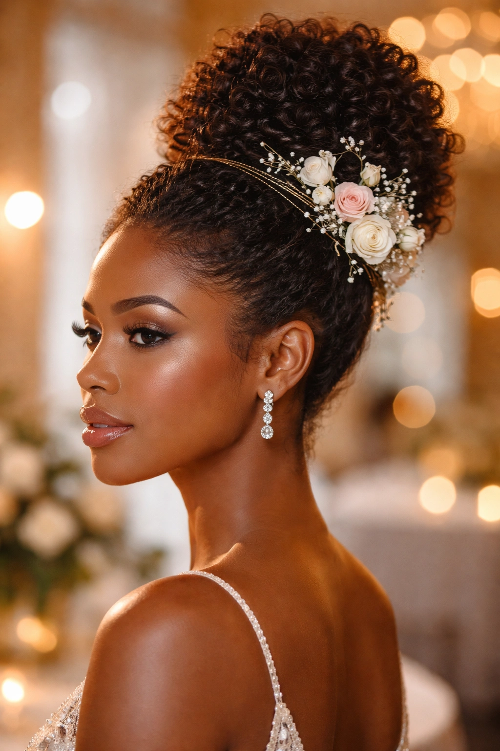 Close up of a real person wearing an ornate high bun with flowers and crystals