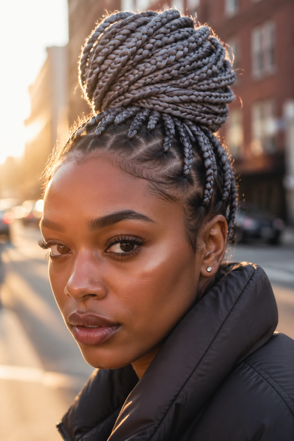 Close-up portrait of a woman with a high bun grey box braids.