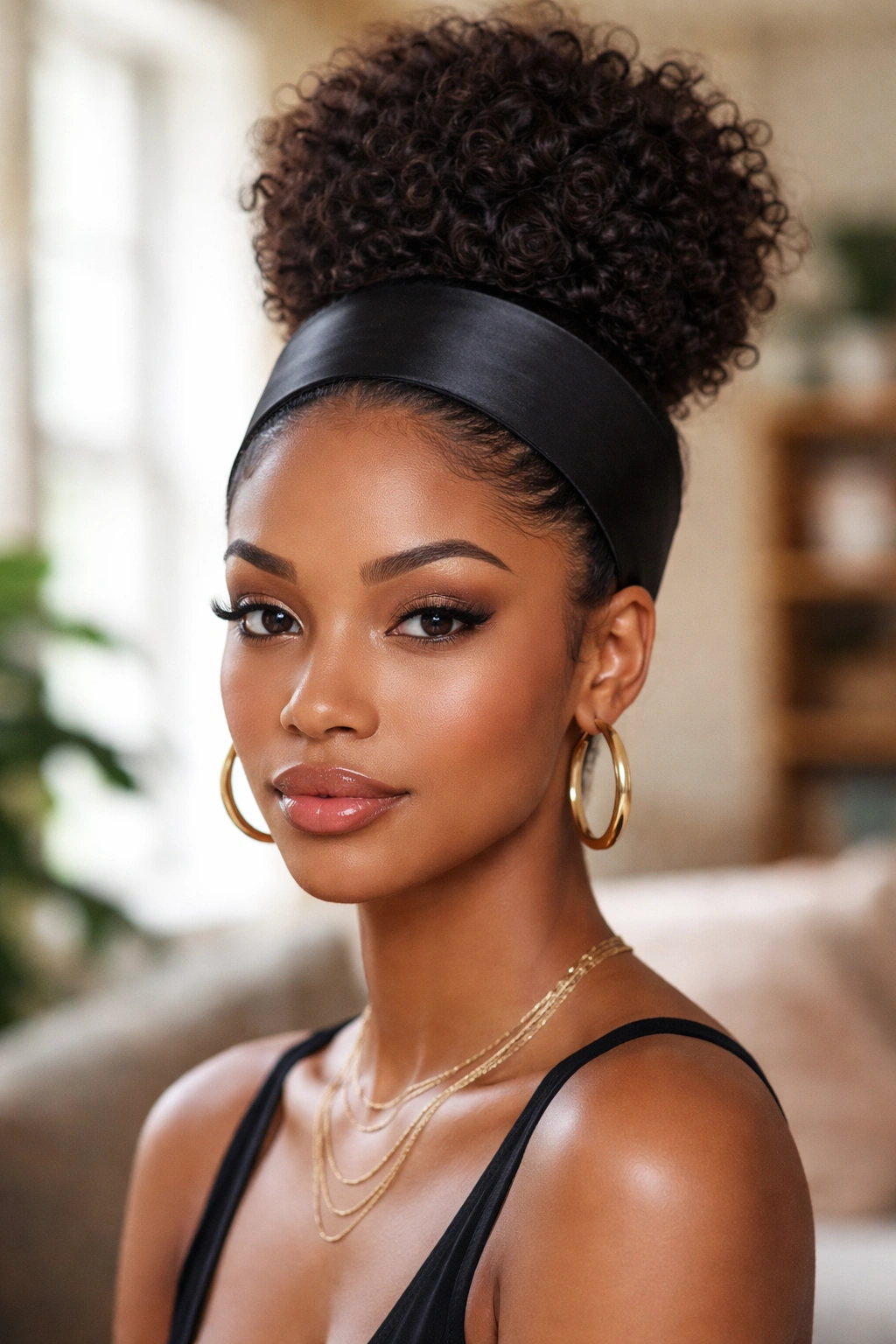 Close-up portrait of a real woman with a bold satin headband and high bun, natural window light